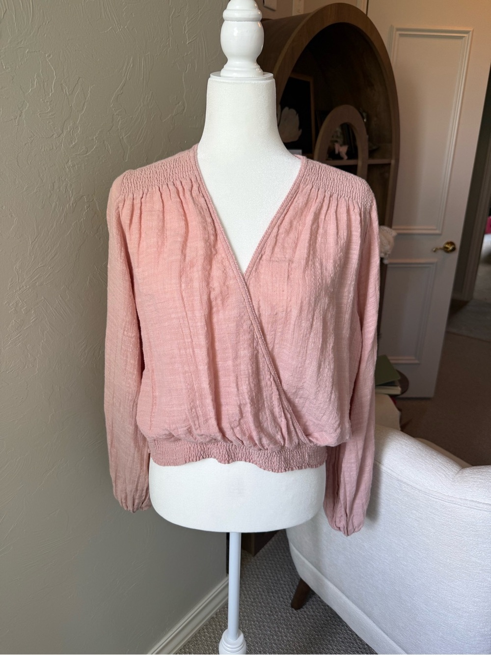 Free People Dusty Pink Boho Crop Top L Crossover Flowy Long Sleeve